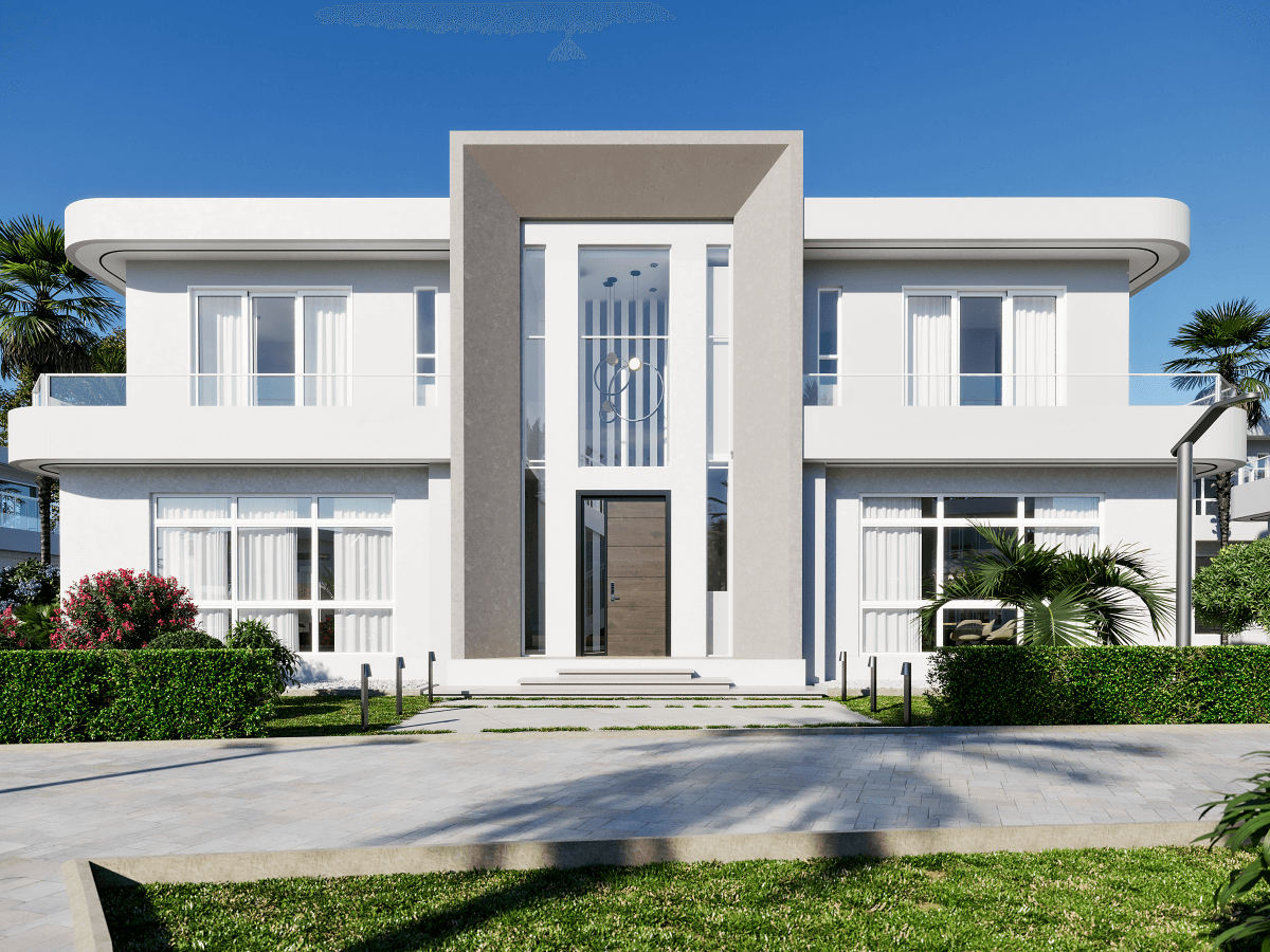 Chalet Q architectural visualization with landscaping and paint finish selection